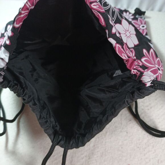 Pink & Black Floral Cinch Bag Nylon Backpack 12x15 Drawstring Lightweight - Picture 3 of 12